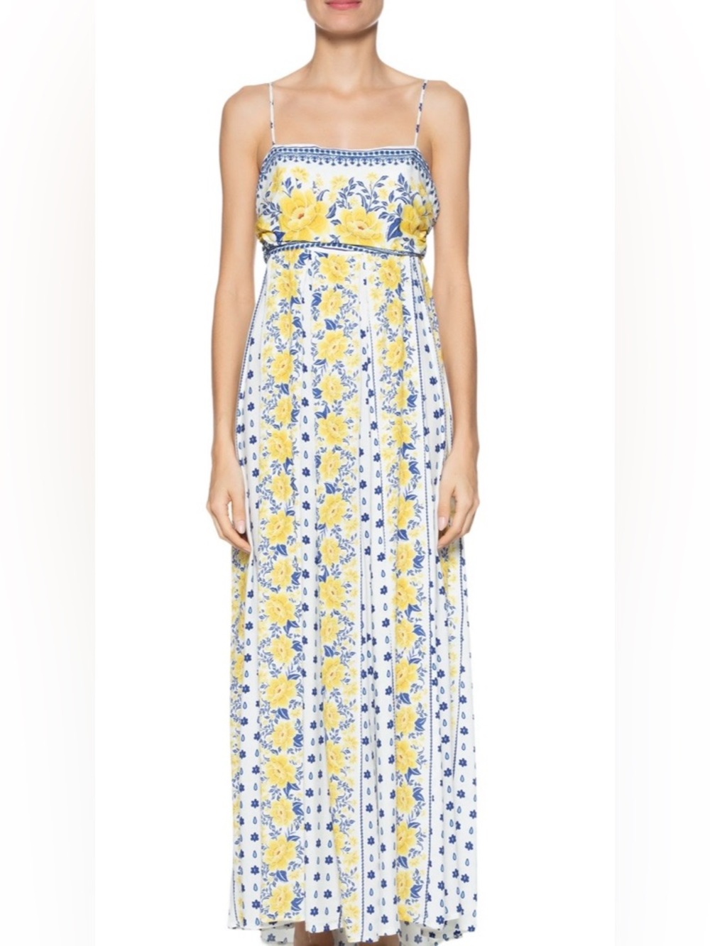 Farm Rio Blue and Yellow Floral Maxi Dress with White Base